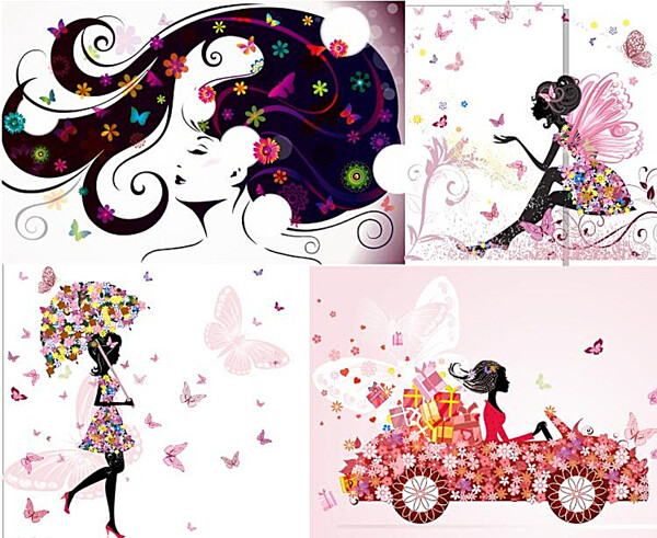 时尚蝴蝶花卉女性插画矢量素材图片