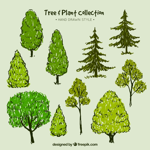 10款手绘绿色树木矢量素材