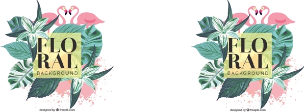 手绘背景画的棕榈叶和火烈鸟