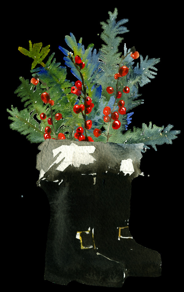 手绘水彩圣诞树驯鹿彩灯PNG素材