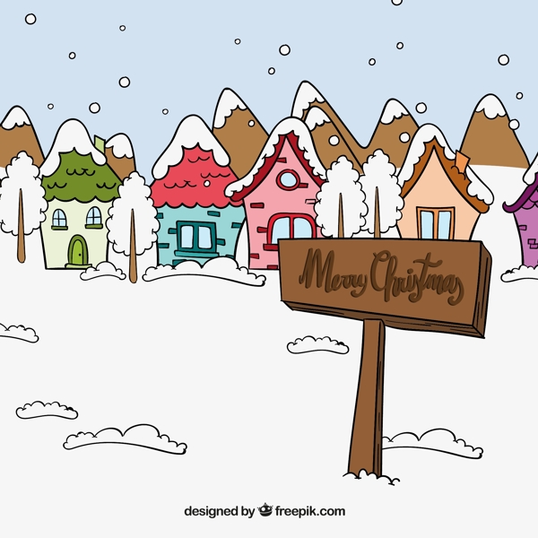 手绘的雪村的房子与标志背景