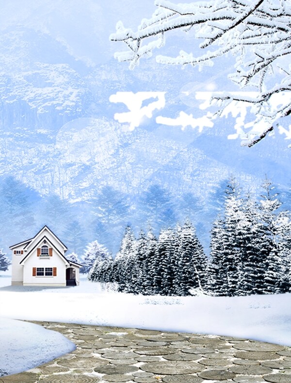 雪天雪地小房子装饰画