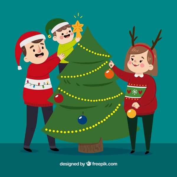 卡通装饰圣诞树的一家三口矢量