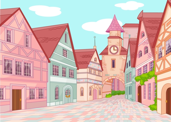 彩色的童话小镇建筑插画