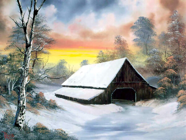雪景房屋油画图片