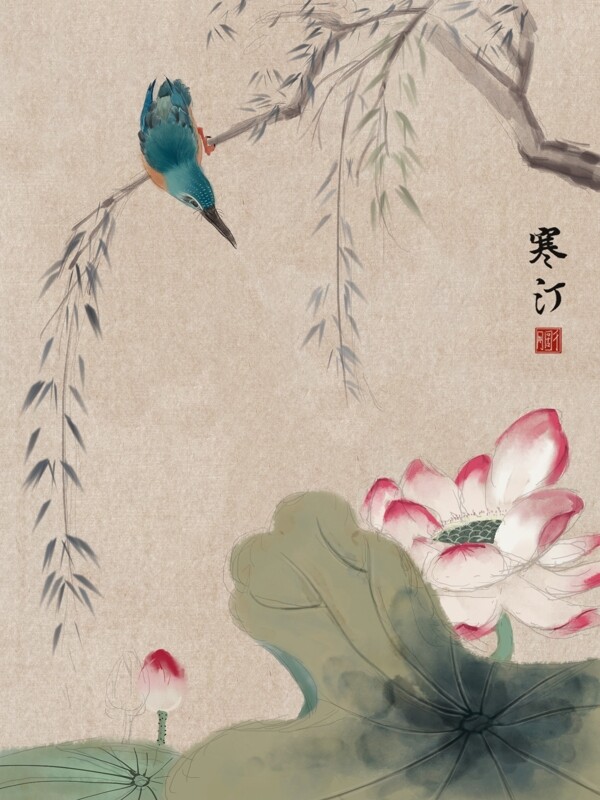 中国画国潮翠鸟荷花水墨传统商业插画