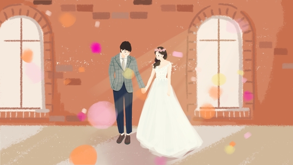 彩色婚礼教堂新娘新郎手绘插画