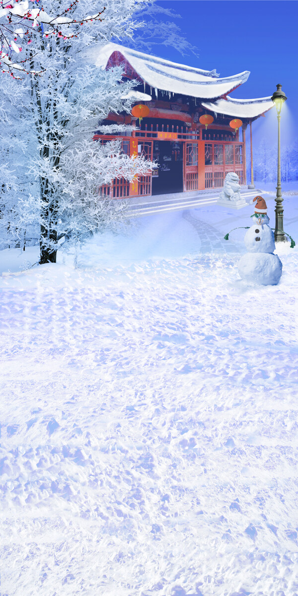落满积雪的房子等影楼摄影背景图片