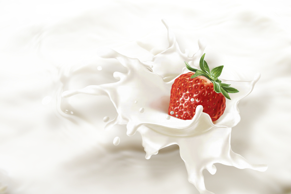 落入牛奶中的草莓图片
