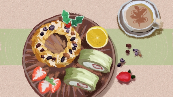 美食甜甜圈糕点咖啡草莓小清新唯美插画