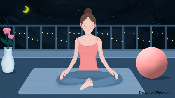 唯美夏季星空夜晚瑜伽健身女孩插画