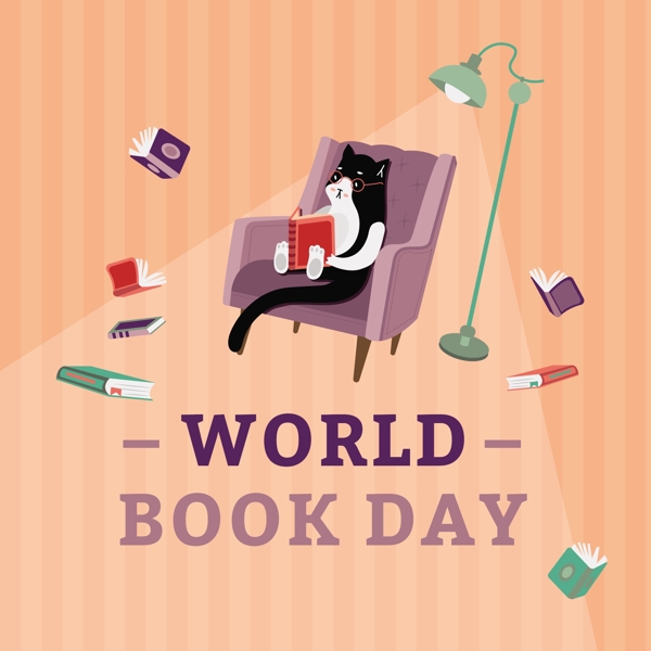 可爱小猫灯下阅读世界读书日节日元素