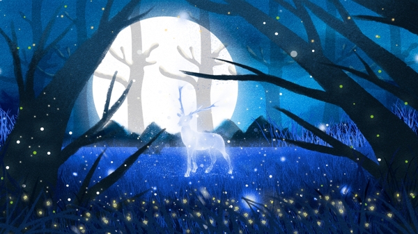 梦幻创意手绘治愈系森林与鹿插画