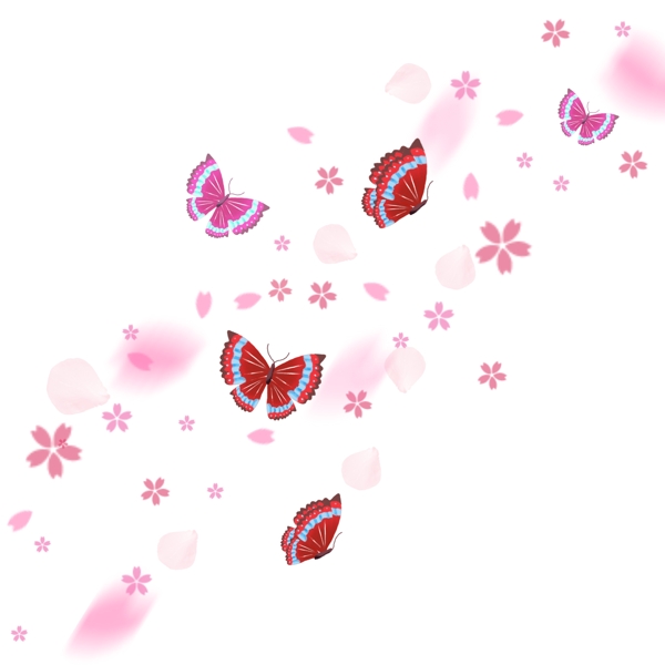 漂浮粉色清新混合蝴蝶树叶花瓣装饰手绘