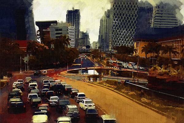 城市公路油画图片