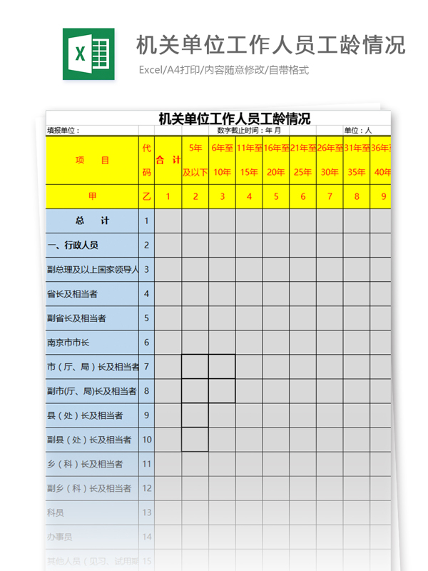 机关单位工作人员工龄情况excel模板