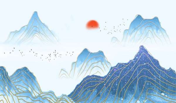 新中式蓝色山水风景金色背景墙