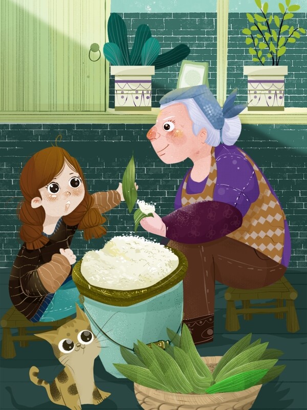 原创端午节插画和奶奶一起包粽子