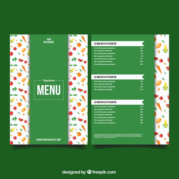 可爱的绿色素食菜单模板与蔬菜