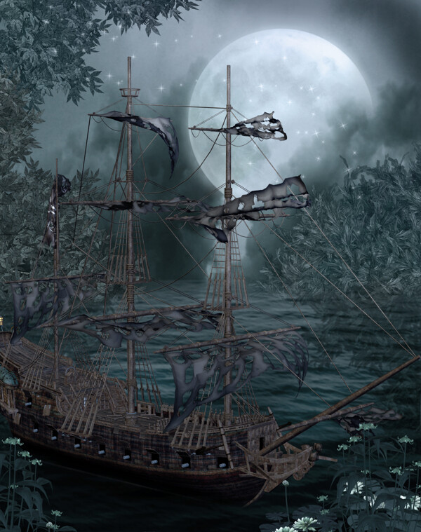 月亮与帆船背景