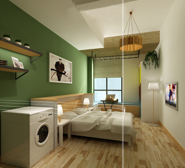 现代清新绿色背景墙卧室室内效果图