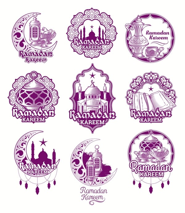 设置矢量紫色插图标志RamadanKareem与灯笼清真寺的塔新月