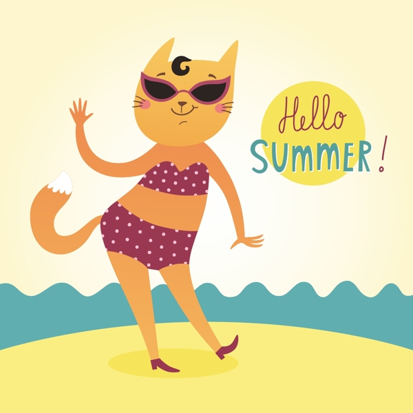 你好夏天矢量卡与有趣的猫