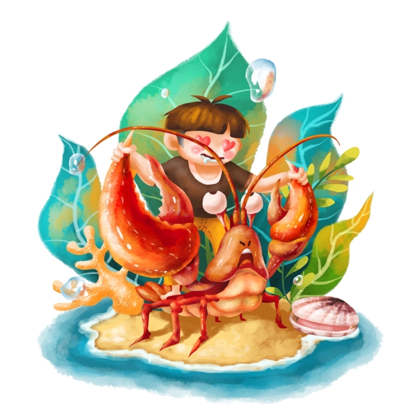 可商用卡通手绘可爱吃货儿童吃龙虾形象
