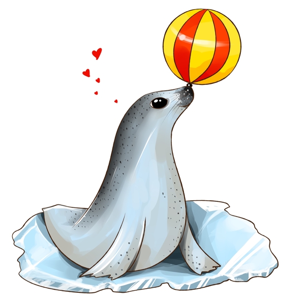 原创手绘珍稀动物海豹顶球可爱冰川元素