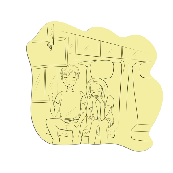 情侣出游旅行坐公交车大巴场景手绘线描车内