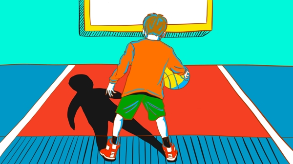 原创夏日打篮球的男孩撞色插画