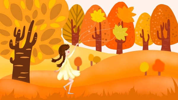 秋分山谷里放枫叶风筝的小女孩原创插画