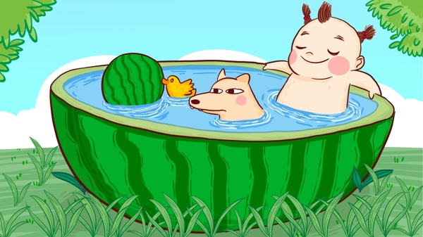 夏日创意西瓜泳池游泳手绘原创插画