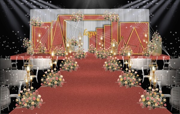 红色质感创意几何婚礼舞台效果图