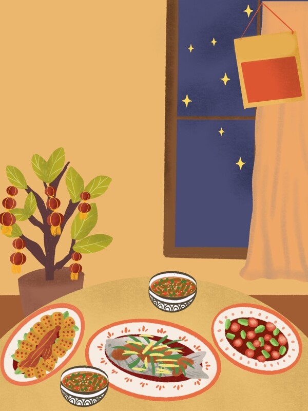 新年春节阖家团圆吃饭插画背景