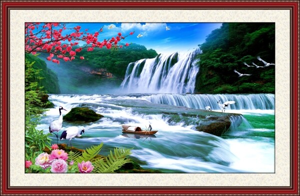 瀑布山水风景画图片