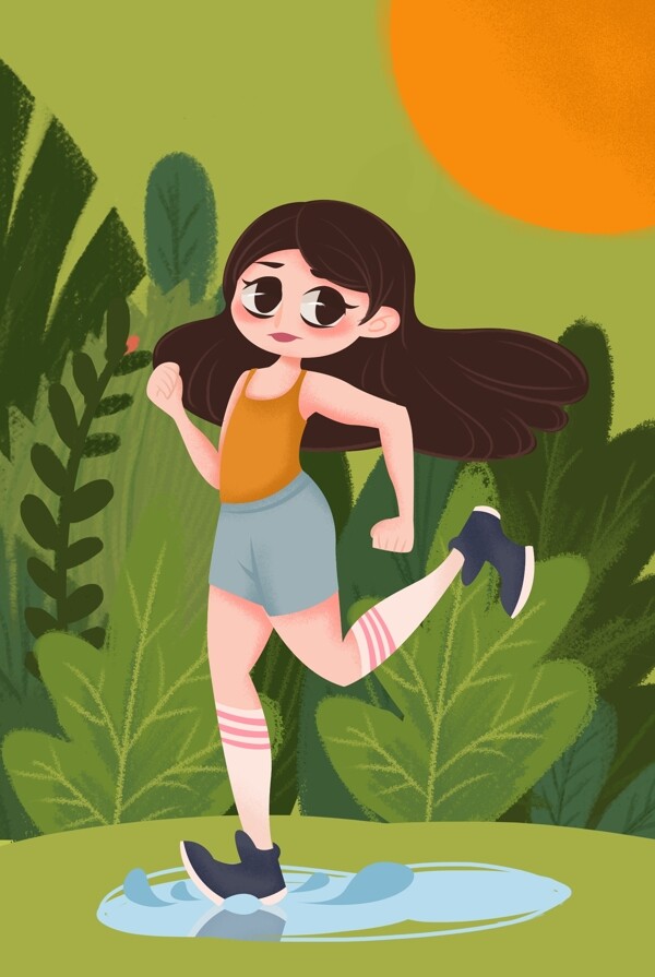 手绘太阳下丛林中运动玩耍的女孩元素