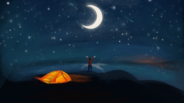 简约创意霓虹天际繁星野外帐篷男孩插画
