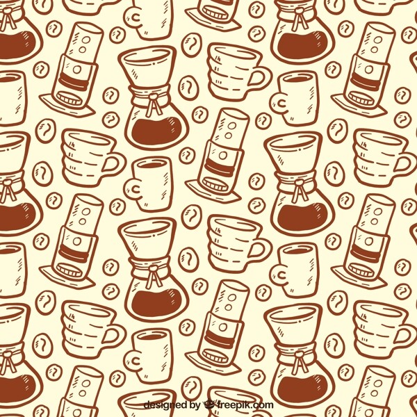 咖啡壶和咖啡壶的手绘图案