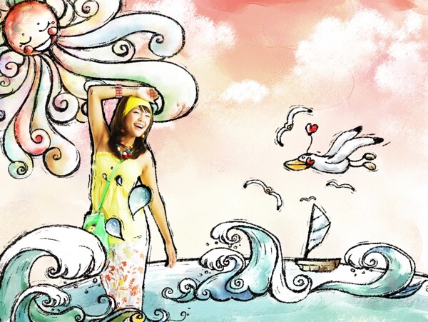 海边美少女卡通可爱风格psd插画效果图片