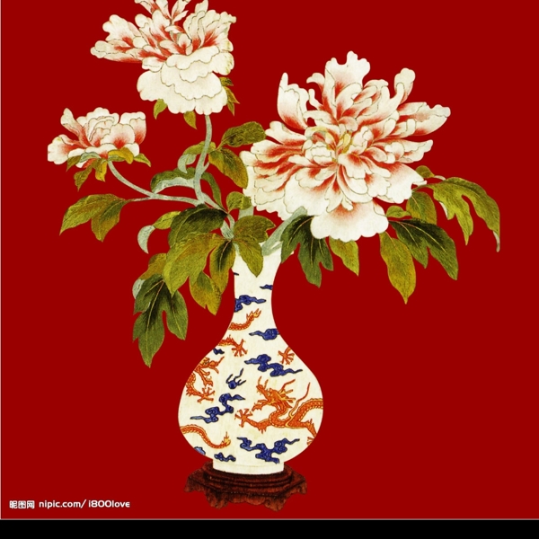 刺绣牡丹与花瓶图片