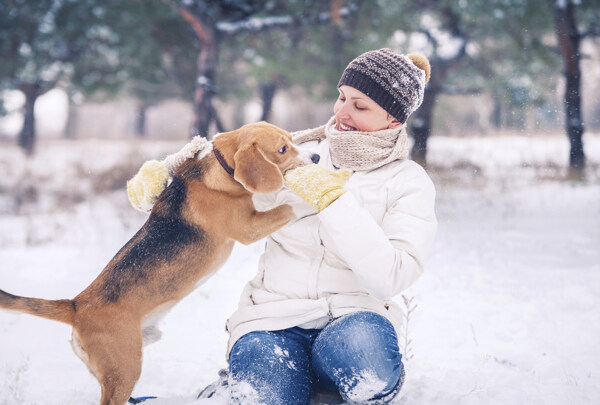 雪地上的美女与小狗图片