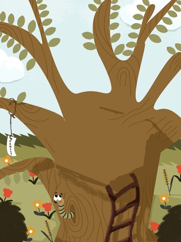 手绘卡通国际儿童节大树背景素材