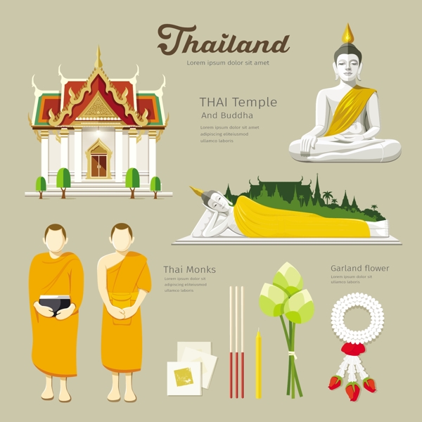 泰国僧人旅游场景海报元素矢量素材