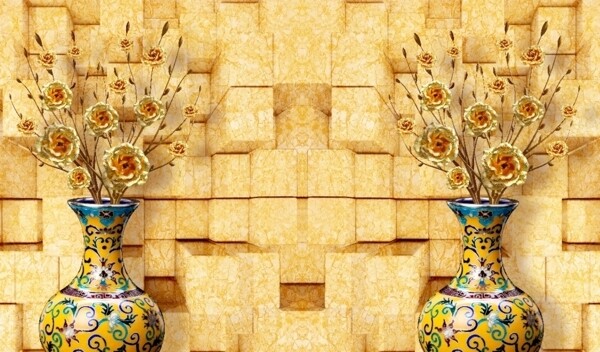 3D立体青花瓷花瓶背景墙