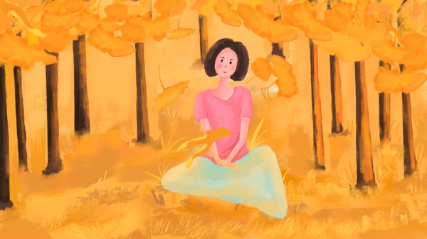 坐在草地上的女孩黄色树叶卡通女孩