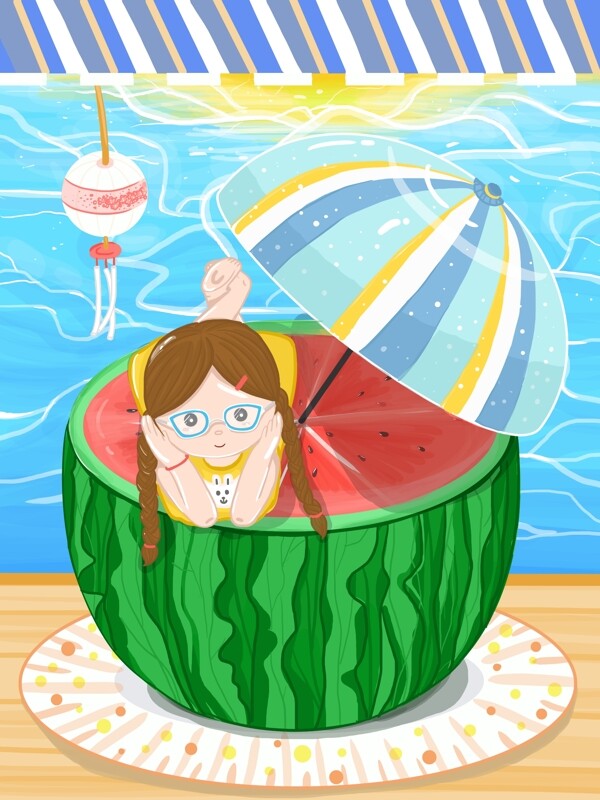 海边趴在西瓜上晒太阳的女孩夏至插画