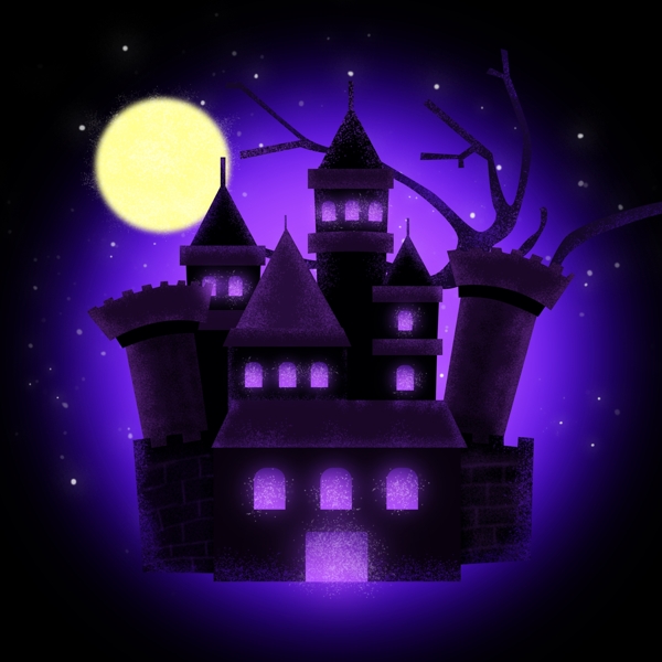 紫色万圣节城堡装饰手绘肌理插画背景可商用