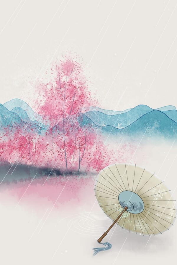 淡雅手绘水墨二十四节气雨水海报背景