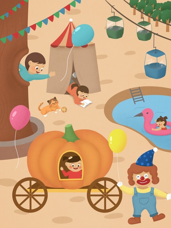 六一儿童节游乐场手绘插画海报